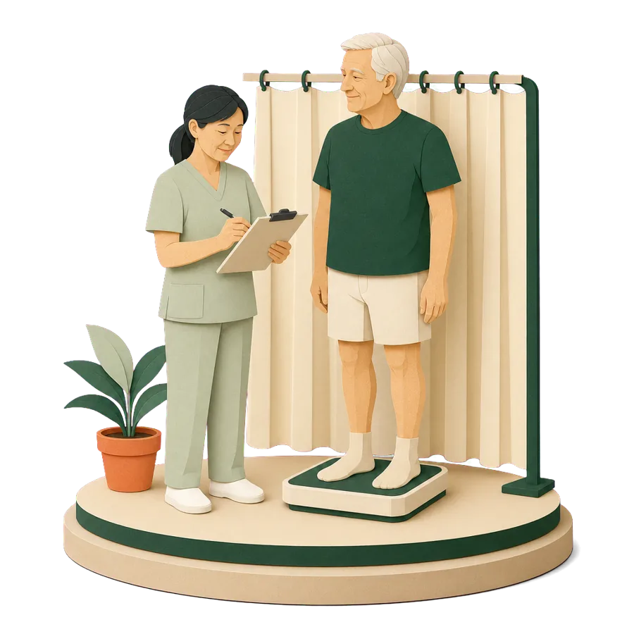 A nurse records a retired man’s weight at a health check, for health care and insurance in Japan