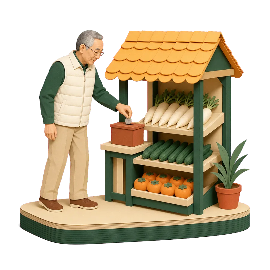 A retired man pays at a roadside honesty stall of vegetables, for what a month costs in Japan