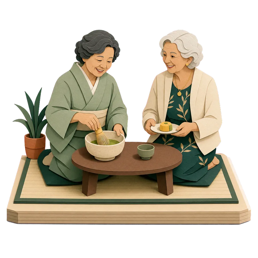 Two retired friends whisk matcha tea at a low table, for who Japan suits and what to weigh up