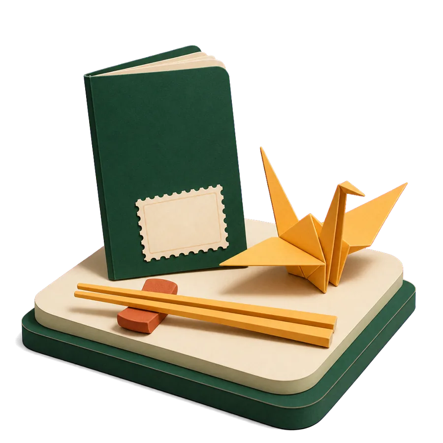 A generic passport with a blank stamp, a paper crane and chopsticks, for Japan visas for Australians