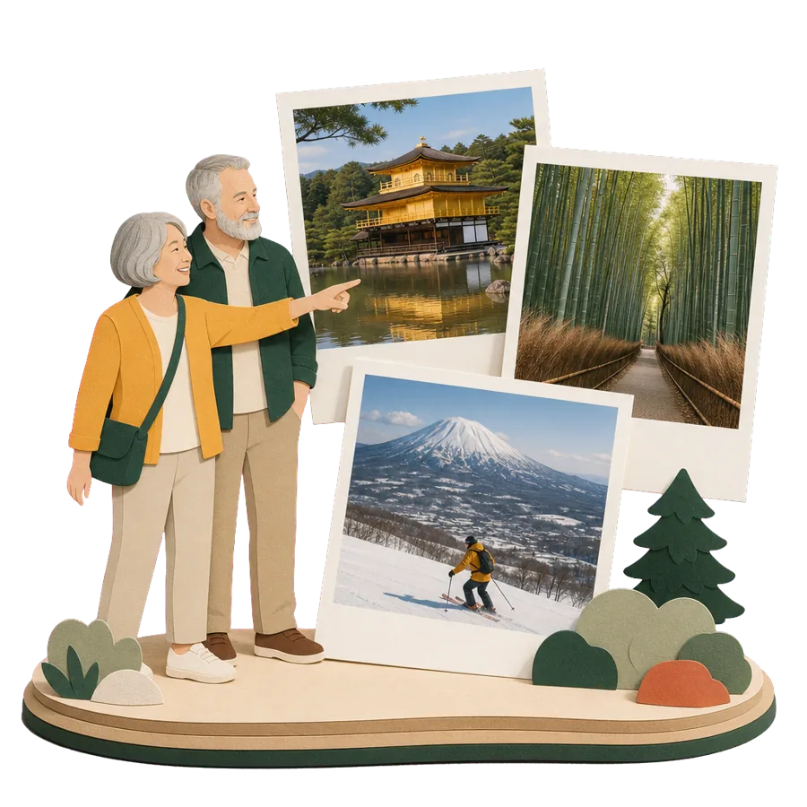 Retirees in Japan look at photos of Kyoto's golden pavilion, a bamboo grove and snowy Niseko