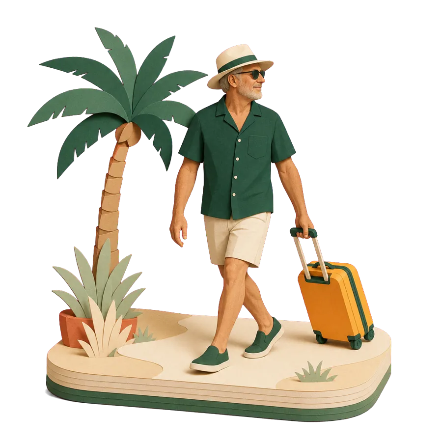 A man in his 50s pulls a small holiday suitcase along a beach path, for a holiday in Thailand that turned into a move