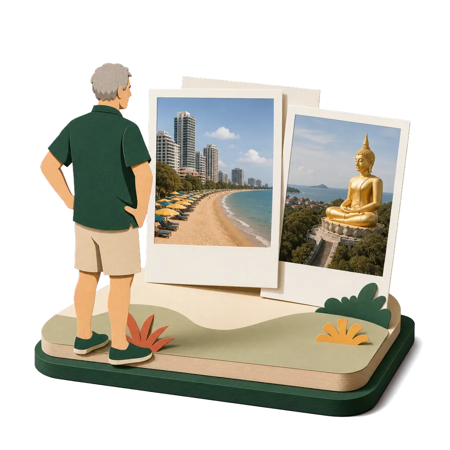 A man looks at photos of Jomtien beach, beachfront condo towers and the golden Buddha on Pratumnak Hill, near Pattaya