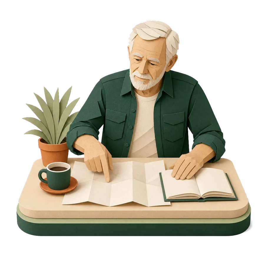 A retired man plans with a map and a notebook, for researching a place before a move from Chiang Mai