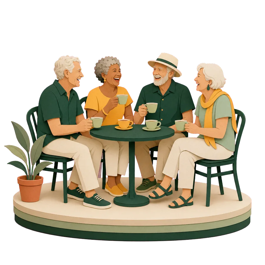 Retirees laugh together around a cafe table, for meeting people through social groups in Chiang Mai