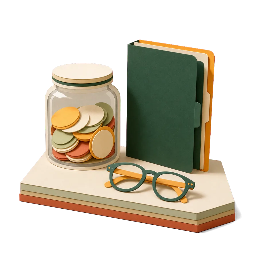 A jar half full of blank coins beside a folder and glasses, for saving for health costs when retiring in Chiang Mai