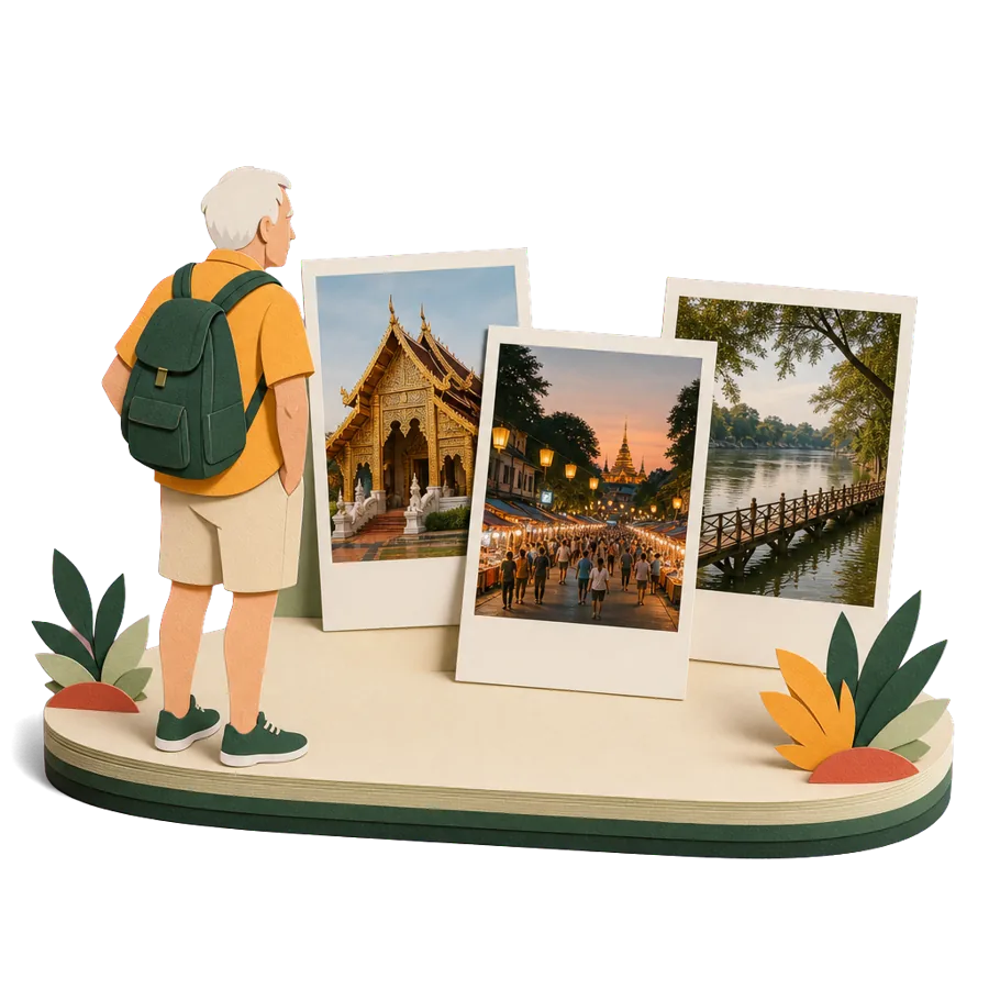 A retiree looks at photos of Wat Phra Singh, the Sunday walking street and the Ping River in Chiang Mai