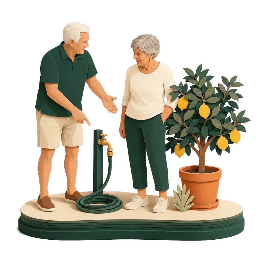 A man in his late 60s showing his neighbour the garden before keeping his house while away overseas