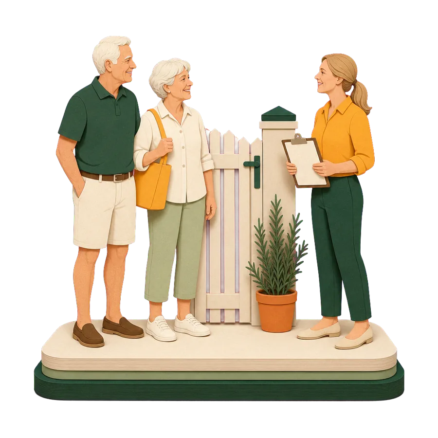 A couple in their late 60s meeting a property manager to rent out their house while living overseas
