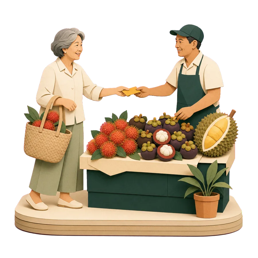A retired woman buys rambutans and mangosteens at a market stall, for what a month costs in Kuala Lumpur