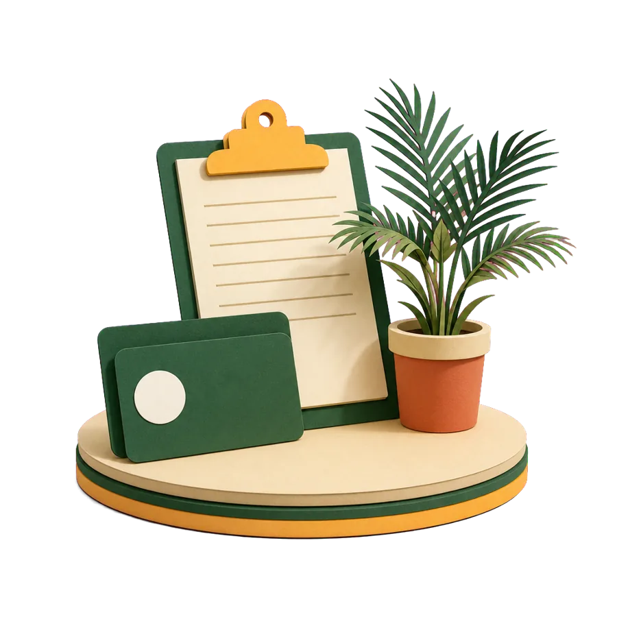 A blank health insurance card and clipboard beside a potted palm, for private health care in Kuala Lumpur