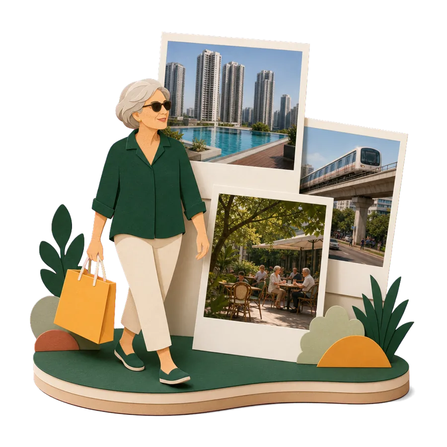 A retiree walks past photos of Mont Kiara condos, a Bangsar cafe and the LRT, for where to live in Kuala Lumpur