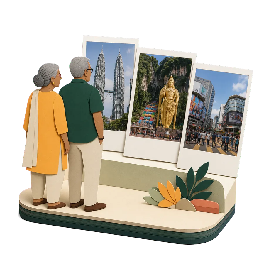 Retirees in Kuala Lumpur look at photos of the Petronas Towers, the Batu Caves steps and Bukit Bintang