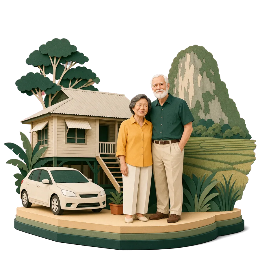 A retired couple stand by a small house with a car, a rice field and a hill behind, for where Australians live in Langkawi