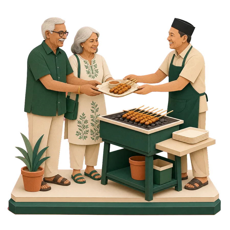 A retired couple take a plate of satay from a stallholder at a charcoal grill, for what a month costs in Langkawi