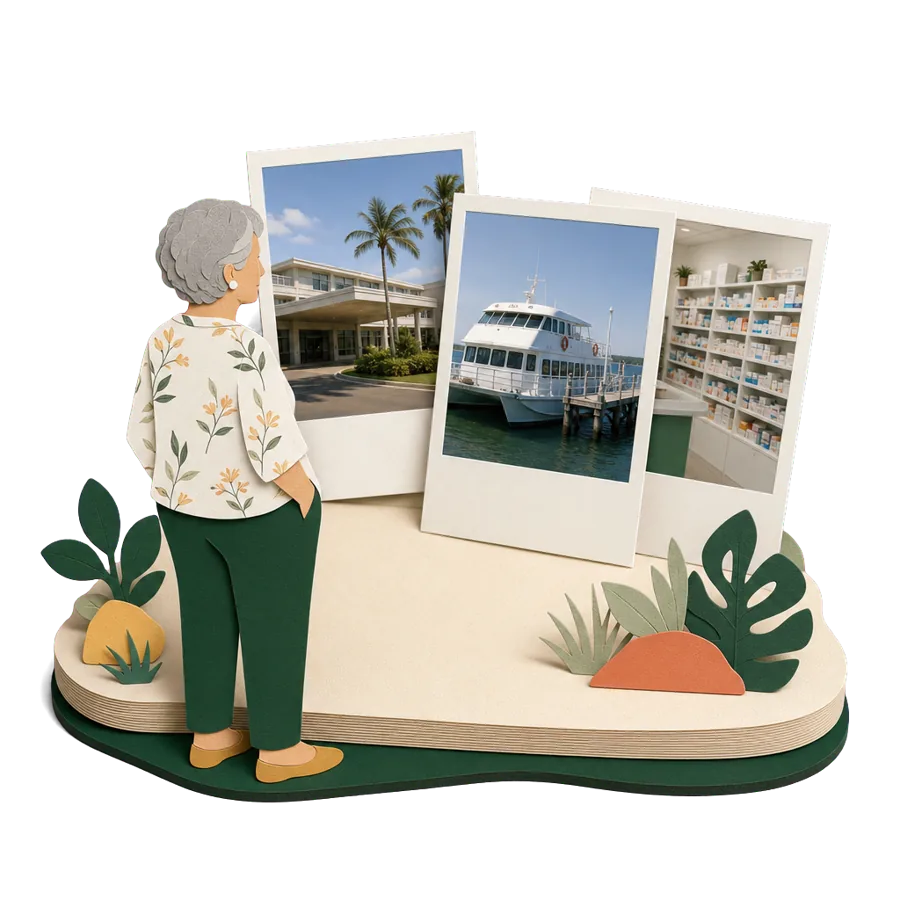 A retired woman looks at photos of a hospital, a passenger ferry and a pharmacy, for health care in Langkawi