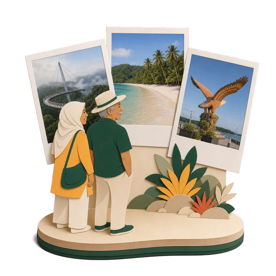 Retirees in Langkawi look at photos of the Sky Bridge, a palm-lined beach and the eagle statue at Kuah