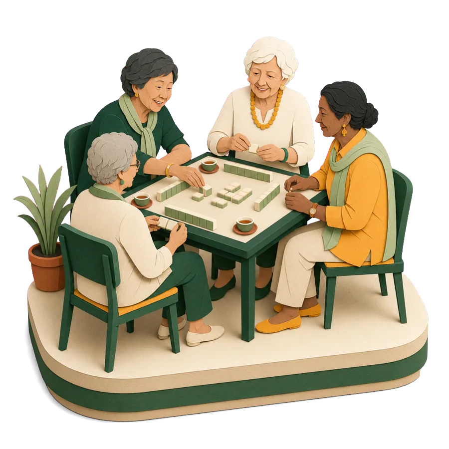 Four retired women play mahjong with tea at a small table, for the expat social life in Penang