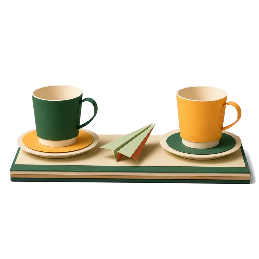 Two coffee cups far apart with a paper plane between them, for couples living apart while one retires in Penang