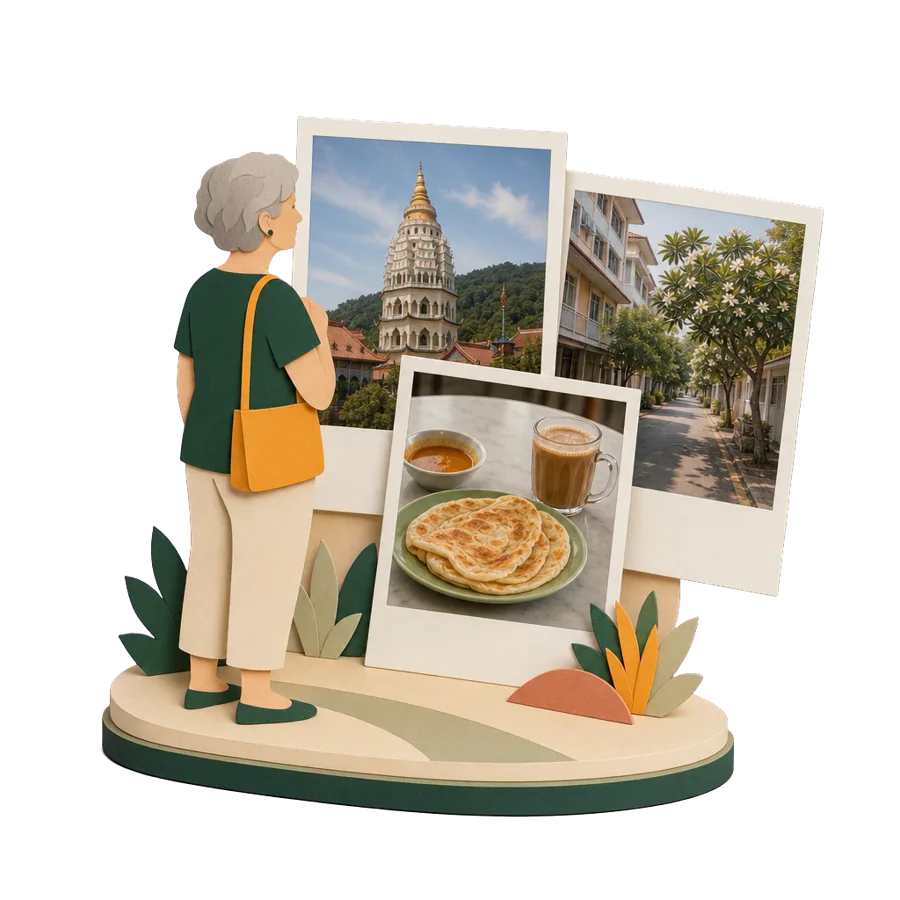 A woman on her own looks at photos of Kek Lok Si temple, a roti canai breakfast and a quiet Penang street