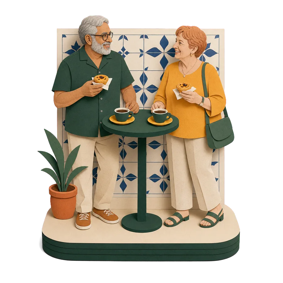 A retired couple stand at a café counter with custard tarts and small black coffees, for what a month costs in Lisbon