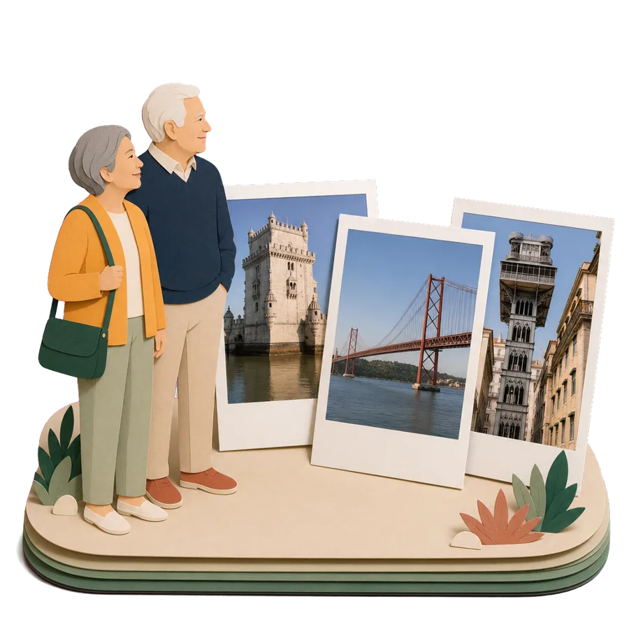 Retirees in Lisbon look at photos of the Belém Tower, the 25 de Abril bridge and the Santa Justa street lift