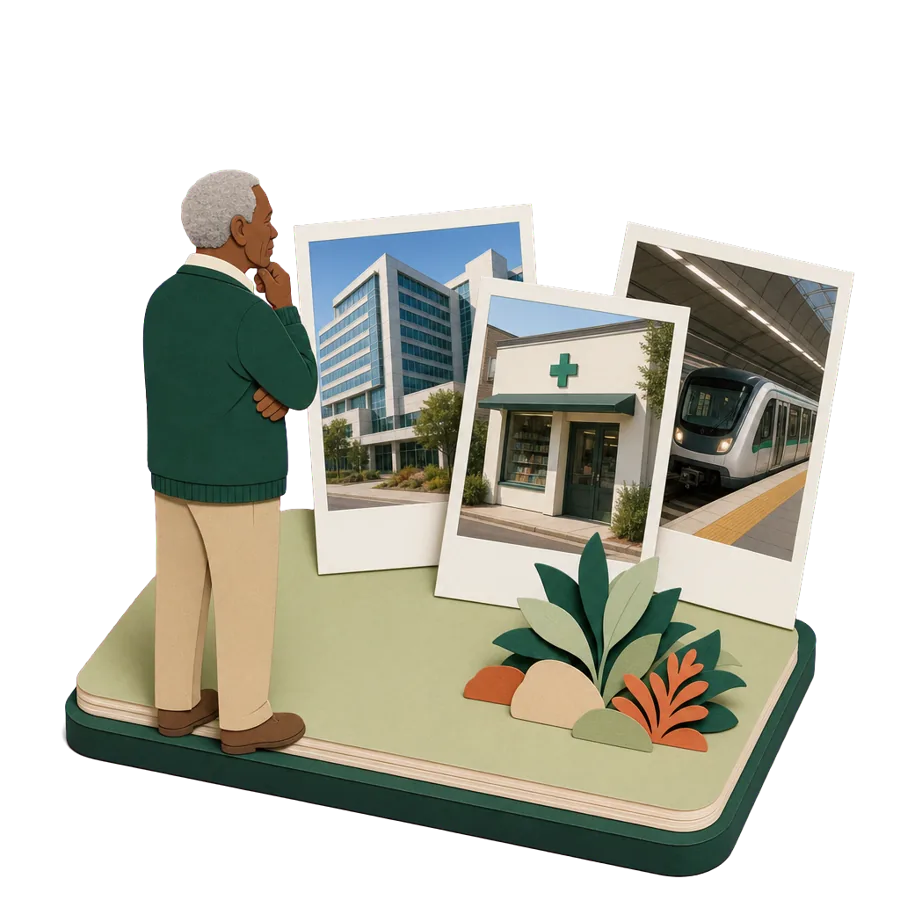 A retired man looks at photos of a large hospital, a pharmacy and a metro train, for health care in Lisbon