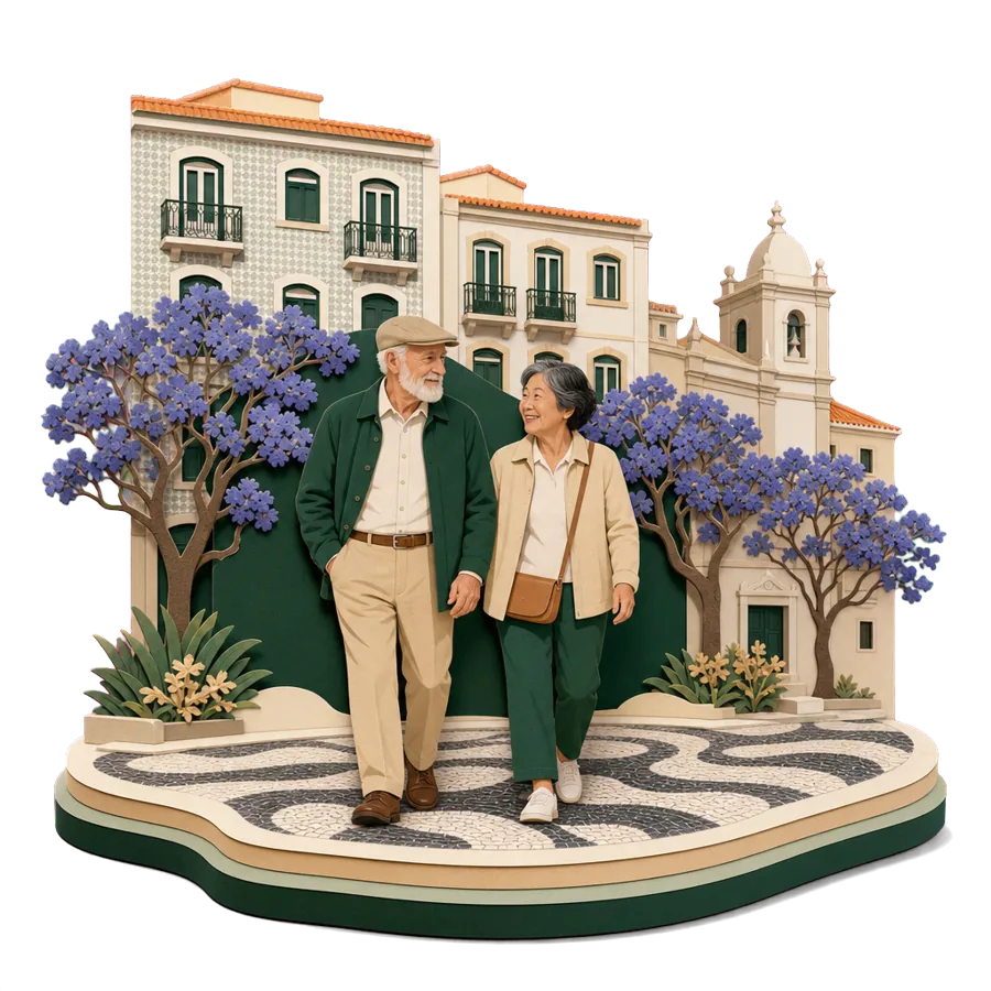 A retired couple walk across a flat square paved in black and white stone, with jacaranda trees and apartment buildings behind, for where Australians live in Lisbon