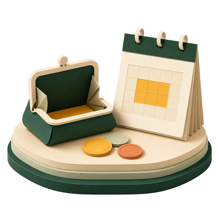 An open coin purse beside a calendar page, the monthly Age Pension amount when you live overseas