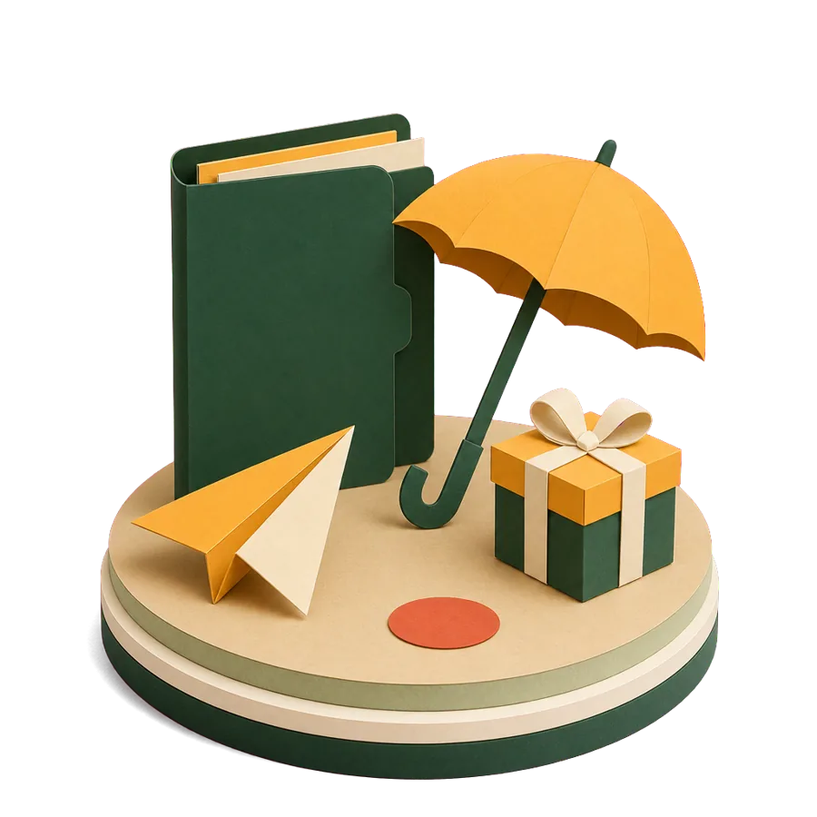 A paper plane, an insurance folder and a gift box, the costs a budget on the Age Pension overseas leaves out