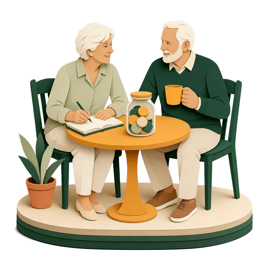 A couple in their early 70s with a savings jar and a notebook, working out a real budget on the Age Pension overseas