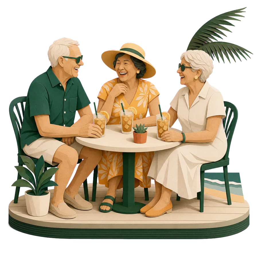 Three retirees around 70 at a seaside café, among the Australians living overseas on the Age Pension