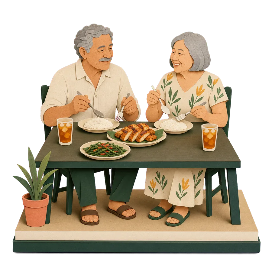 A retired couple share grilled chicken, water spinach and rice at a small warung, for what a month costs on Lombok