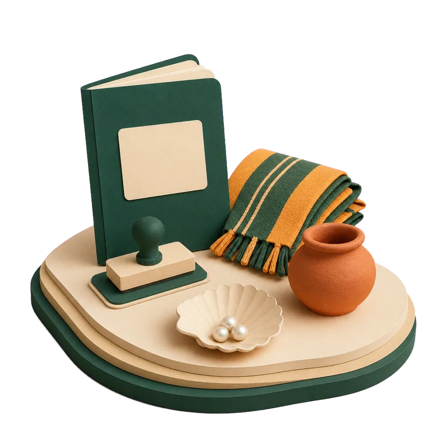 A generic passport with a blank stamp beside a woven cloth, pearls in a shell and a small clay pot, for visas for Australians on Lombok