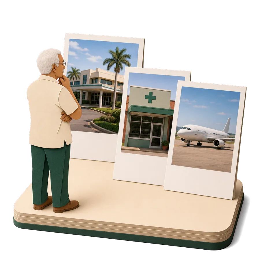 A retired man looks at photos of a hospital, a pharmacy and a passenger plane, for health care on Lombok