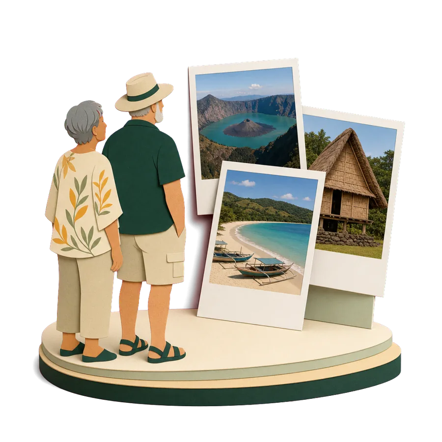 Retirees on Lombok look at photos of Mount Rinjani's crater lake, a Sasak village house and a bay with outrigger boats