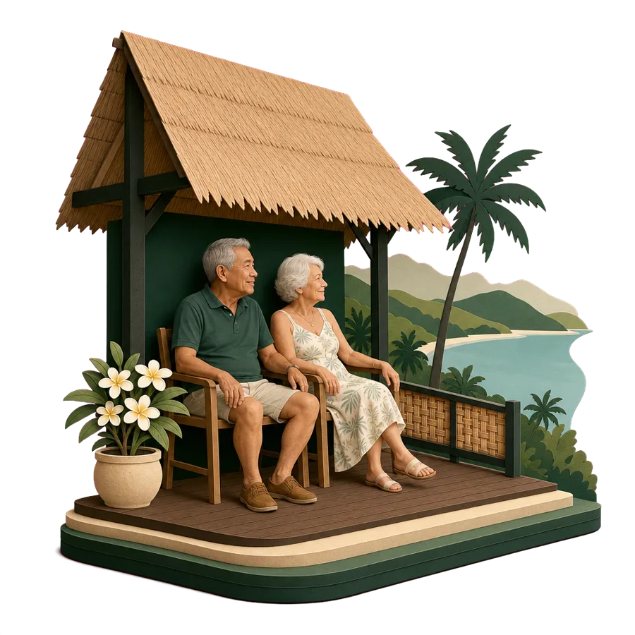 A retired couple sit on the thatched veranda of a small house above palm trees and a calm bay, for where Australians live on Lombok