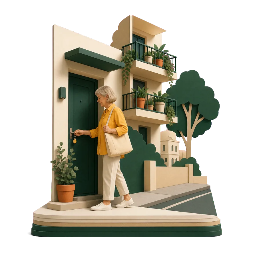 A retired woman unlocks the door of a rented apartment with plants on the balconies, for a long stay overseas