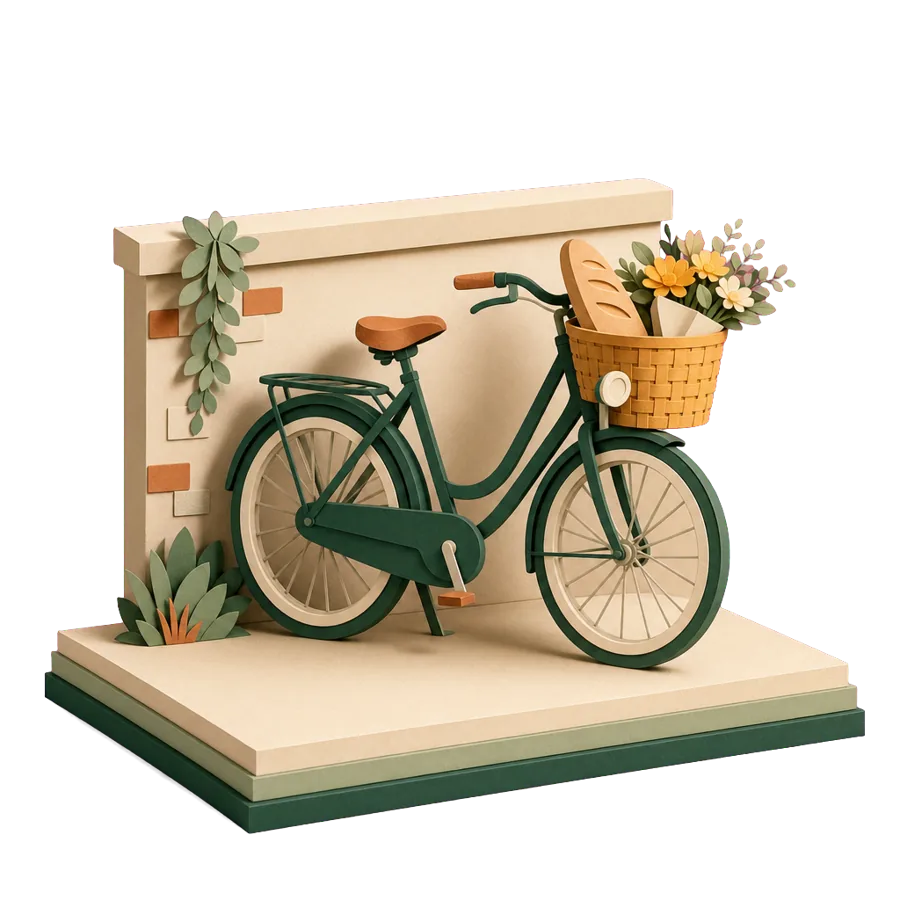 A bicycle with bread and flowers in its basket, for everyday local life on a long stay overseas in retirement