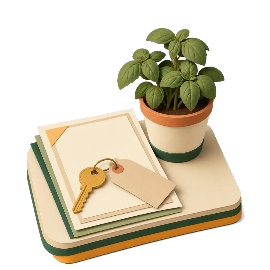 A key on a blank lease beside a pot of basil, for renting a furnished apartment on a long stay overseas