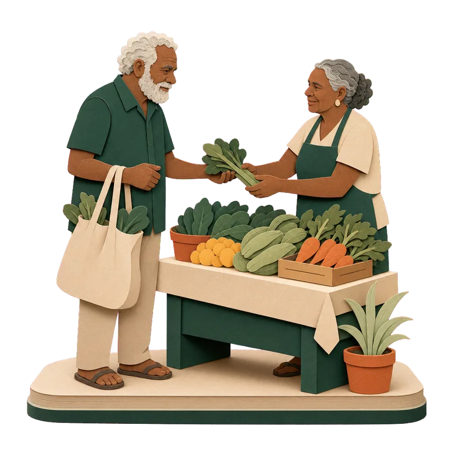 A retired man buys vegetables from a market stallholder, getting to know the local market on a long stay overseas