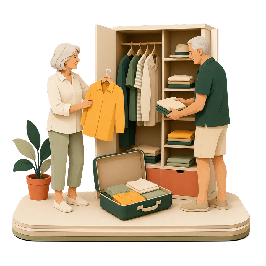 A retired couple unpack clothes into a wardrobe, settling into a rented flat for a long stay overseas