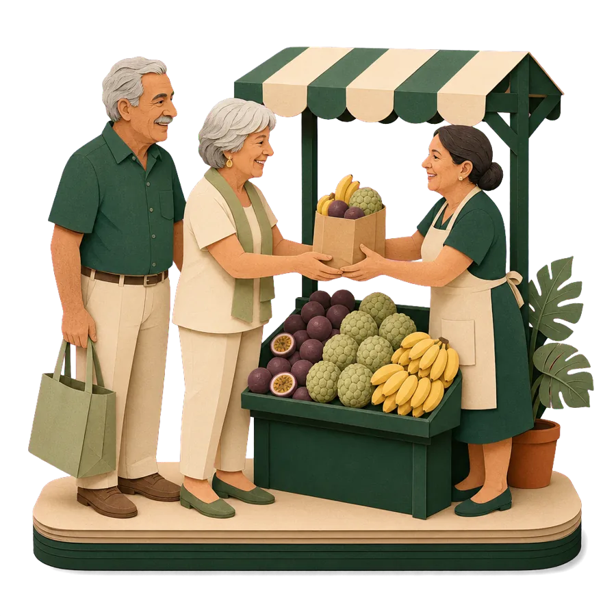 A retired couple buy passion fruit and bananas at a covered market stall, for what a month costs in Madeira