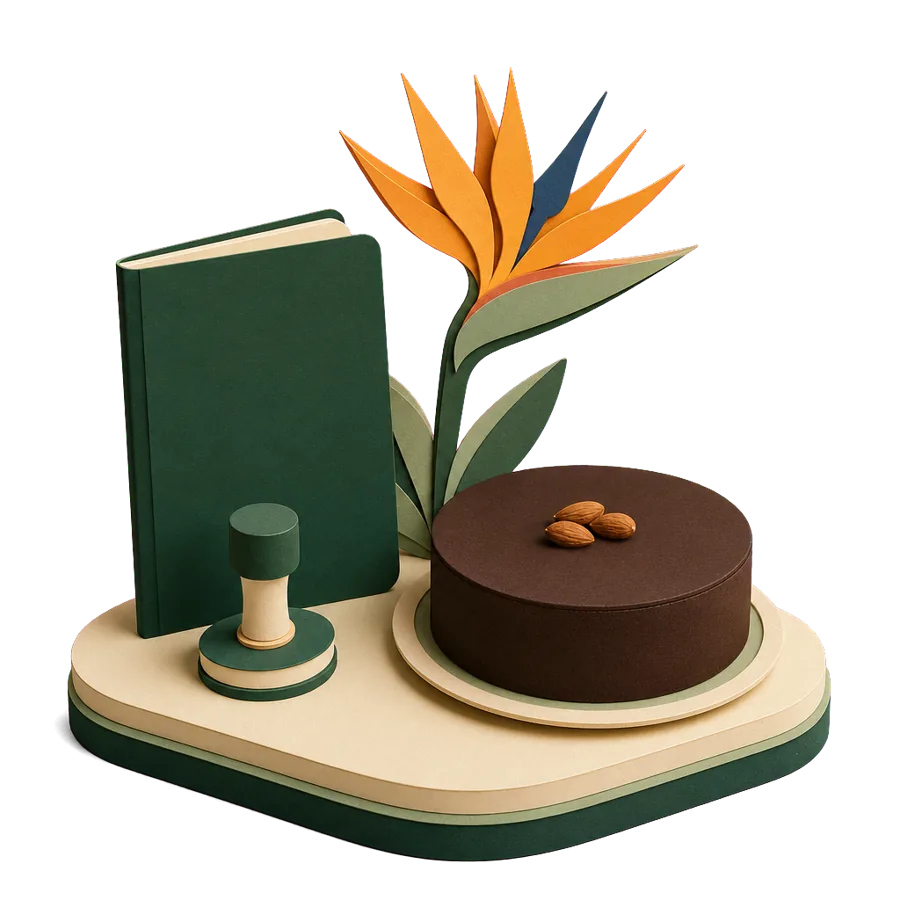 A generic passport with a blank stamp beside a bird of paradise flower and a honey cake, for visas for Australians in Madeira