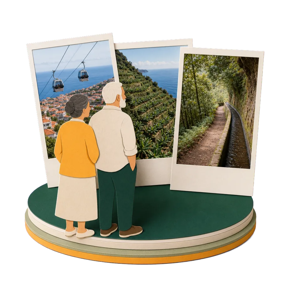 Retirees in Madeira look at photos of the Funchal cable car, banana terraces above the sea and a levada path