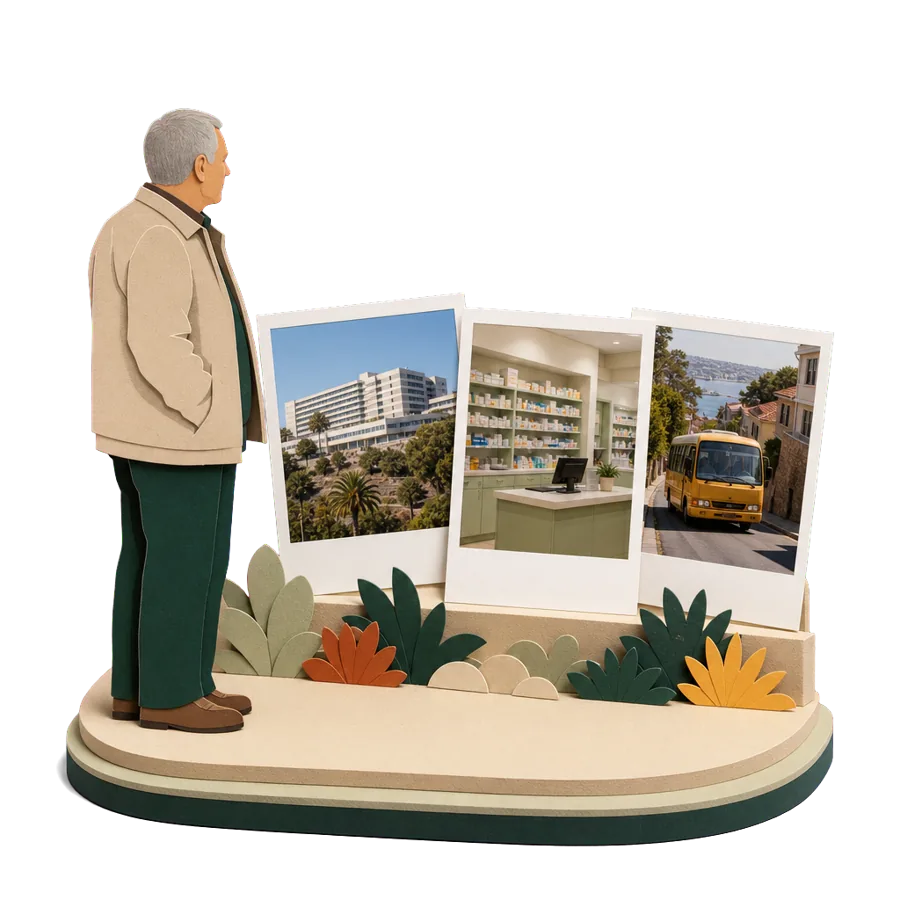 A retired man looks at photos of a hillside hospital, a pharmacy and a bus on a steep street, for health care in Madeira