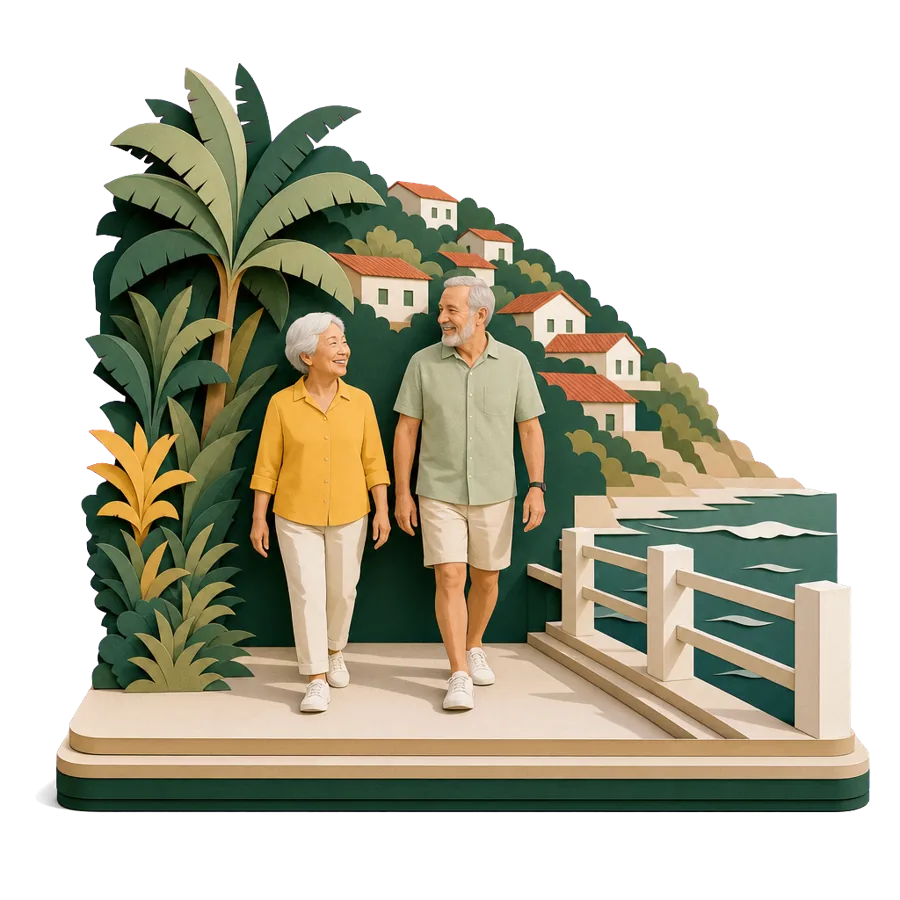 A retired couple walk along a flat seaside promenade with red-roofed houses on the hill behind, for where Australians live in Madeira