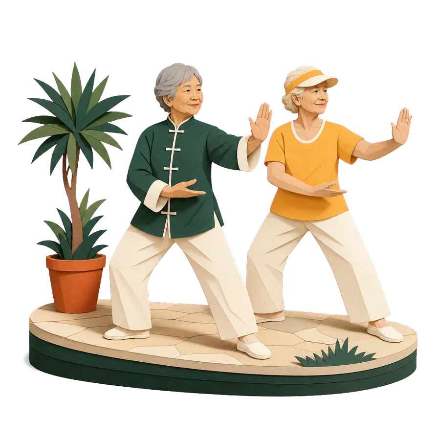 Two retired women do slow tai chi on a path in the morning, for who Malaysia suits and its warm, humid days