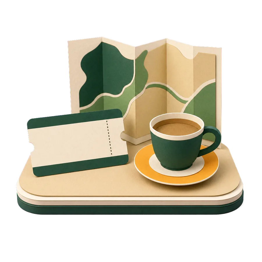 A blank boarding pass, a folded map and a cup of kopi, for flying between Malaysia and Australia