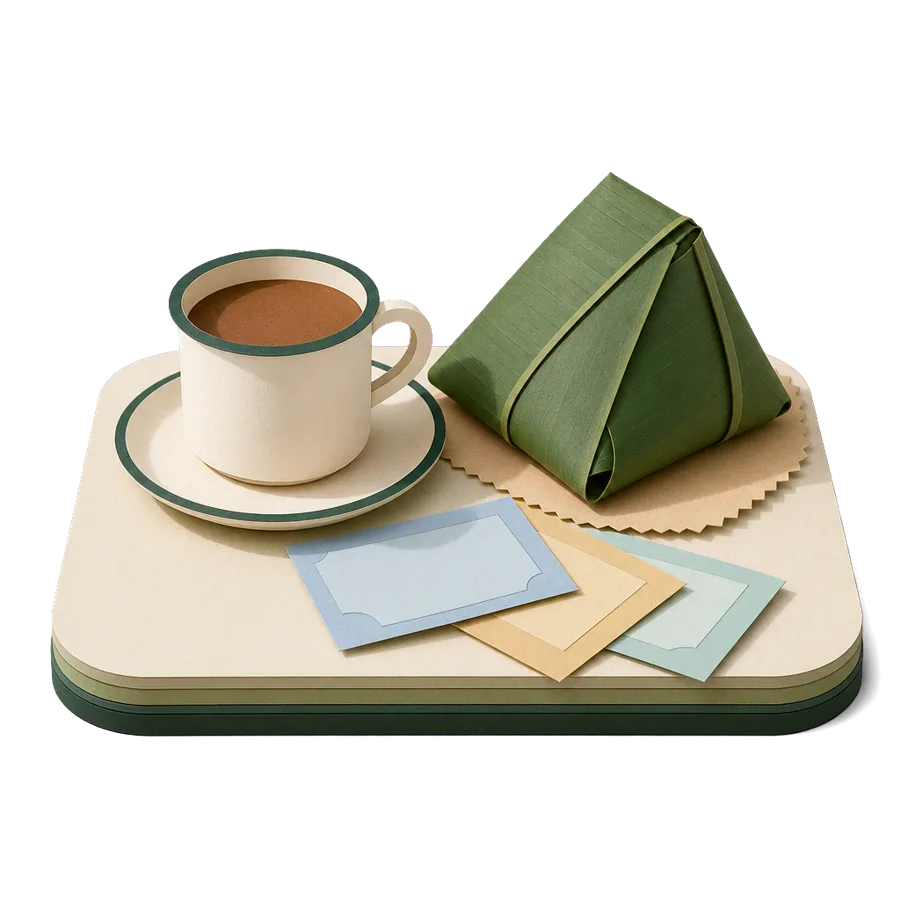 A coffee cup, nasi lemak in a banana leaf and plain paper banknotes, for the cost of living in Malaysia